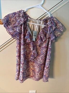 LOFT Lavender Paisley Ruffle Sleeve Blouse